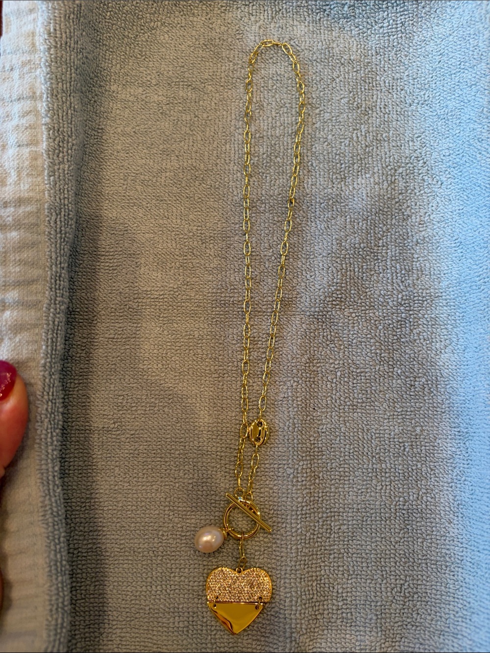 Gold Tone Chain Necklace with Gold Heart, Pearl Accent. Heart is reversible